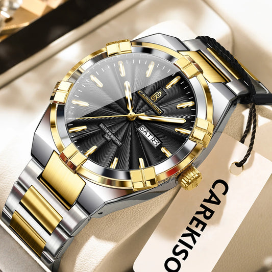 Luckacco CAREKISO Military Business Men Clock Date Week Waterproof Luminous Quartz Man Wristwatch Stainless Steel Men's Watches Reloj+Box