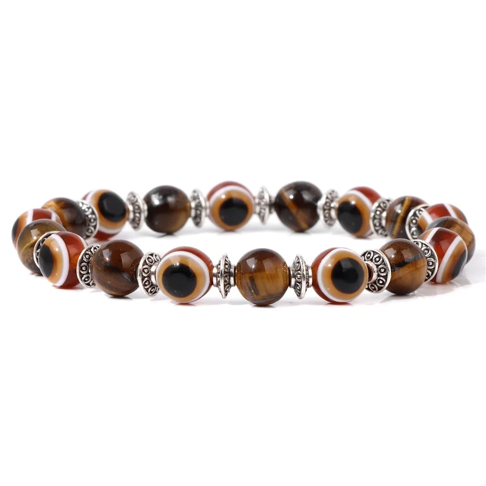 luckacco lucky evil eye beads bracelet natural stone lava hematite bracelet set multilayer bracelets women men handmade elastic jewelry