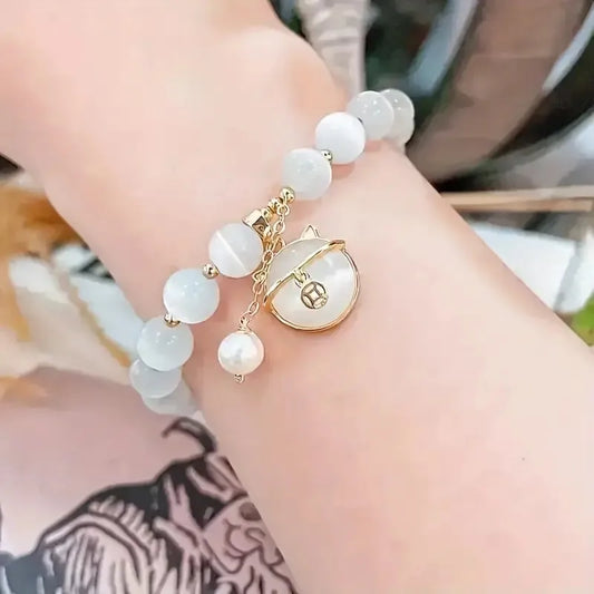 Luckacco Elegant Cat Pendant Opal Beaded Bracelet for Women Cute Handmade Beads Versatile Party Jewelry Grils Perfect Gift