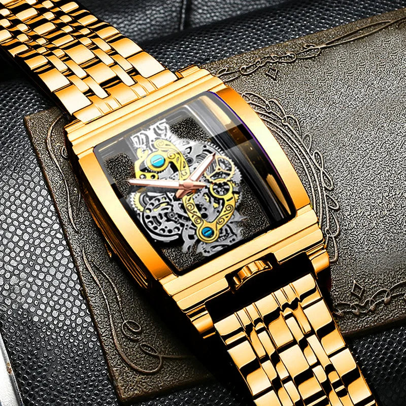 luckacco uthai l44 men's watch fashion hollow carved large dial barrel waterproof clock steel band male's business quartz watches