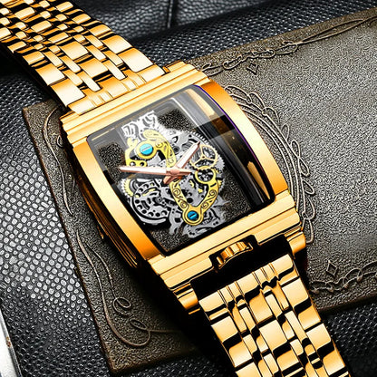 Luckacco UTHAI L44 Men's Watch Fashion Hollow Carved Large Dial Barrel Waterproof Clock Steel Band Male's Business Quartz Watches