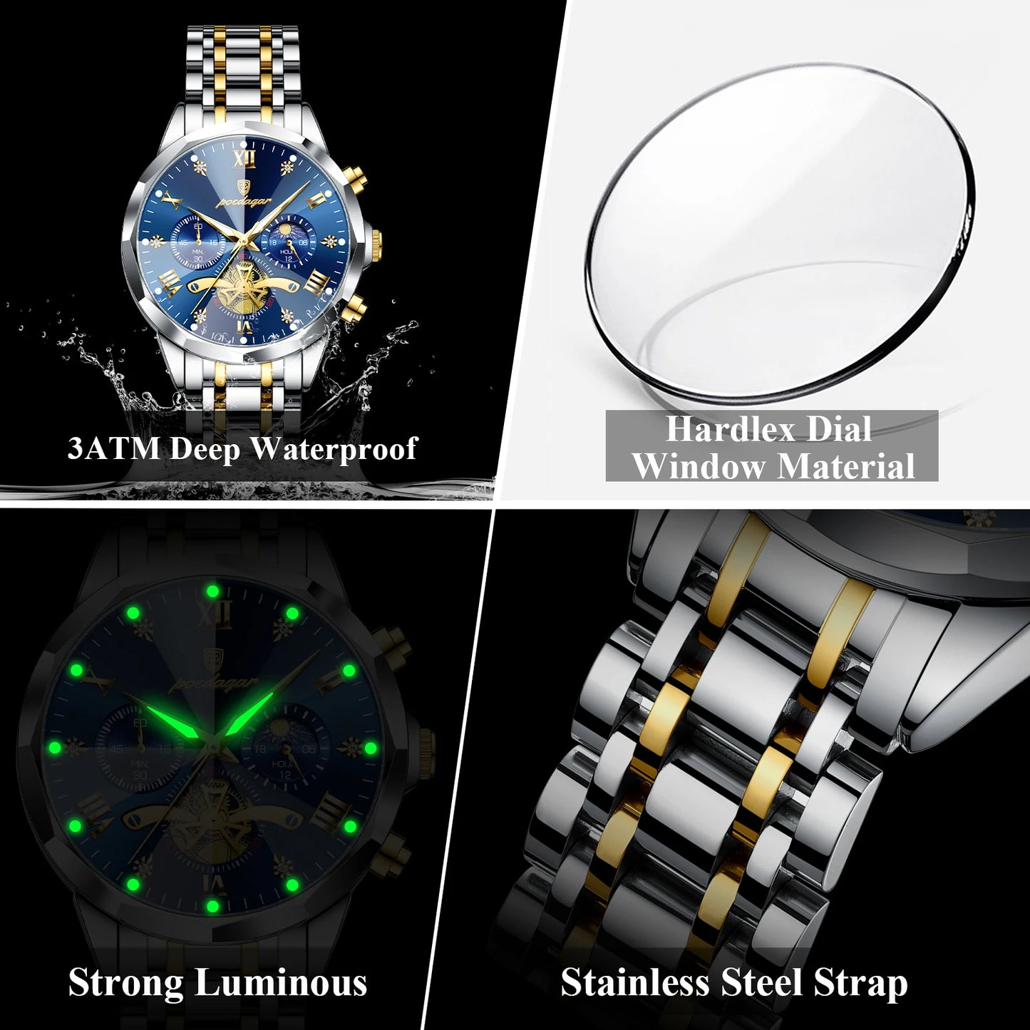 luckacco poedagar luxury men watch top original waterproof luminous chronograph man wristwatch stainless steel quartz men's watches reloj