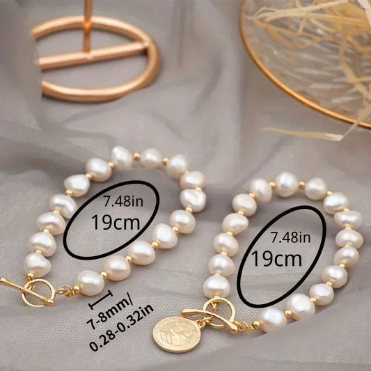 Luckacco DAINASHI 7-8mm Baroque Natural Freshwater Pearl Charm Bracelet for Women OT Clasp Women's Hand Bracelet Jewelry Gifts