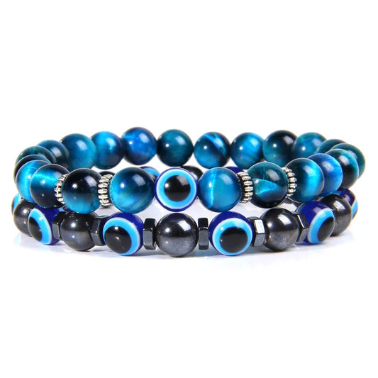 Luckacco Lucky Evil Eye Beads Bracelet Natural Stone Lava Hematite Bracelet Set Multilayer Bracelets Women Men Handmade Elastic Jewelry
