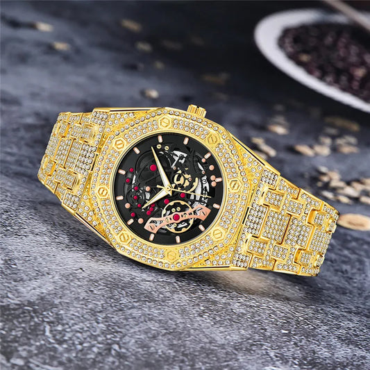 Luckacco Luxury Genuine Brand Watches For Men Hip Hop Diamond Fashion Alloy Band Date Vintage Skeleton Designer Quartz Watch Montre Homme