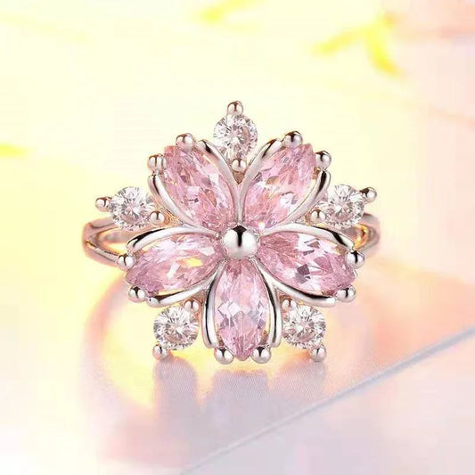 Luckacco New Women Geometric Flower Ring Female Light Luxury Charm Crystal Stone Cherry Blossom Ring Jewelry Bagye Acier Inoxydable Femme