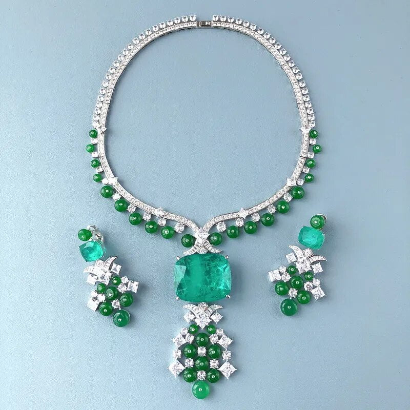 Luxurious Fashion Necklace Stud Earrings Women Lady Inlay Zircon Synthetic Paraiba Big Pendant Green Beads Chain Jewelry Sets