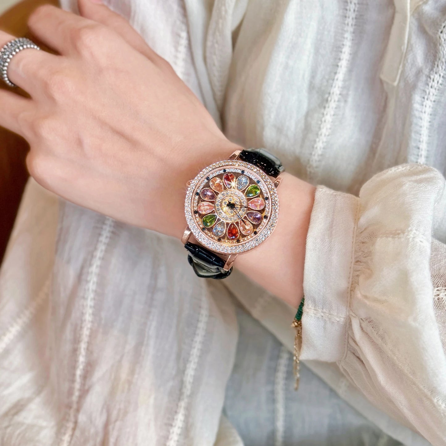 luckacco 1pc dazzling and fashionable women's quartz watch with colorful rhinestone inlay, featuring an alluring rotatable dial, durable