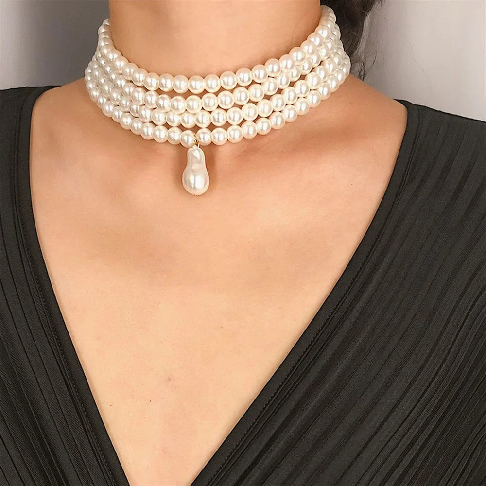 luckacco fashion vintage multilevel imitation pearl choker chain necklace for women female boho baroque geometry pendant jewelry gift