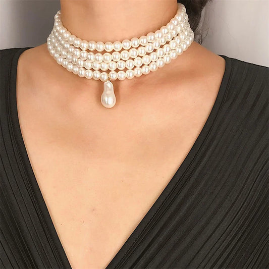 Luckacco Fashion Vintage Multilevel Imitation Pearl Choker Chain Necklace For Women Female Boho Baroque Geometry Pendant Jewelry Gift