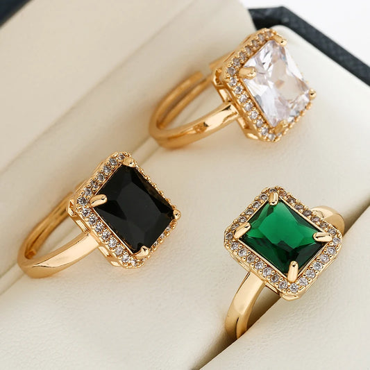Luckacco New Arrivals Women's Rings Zircon Square Green Black Open Rings Girls Party Finger Ring Fashion Copper Jewelry Gifts