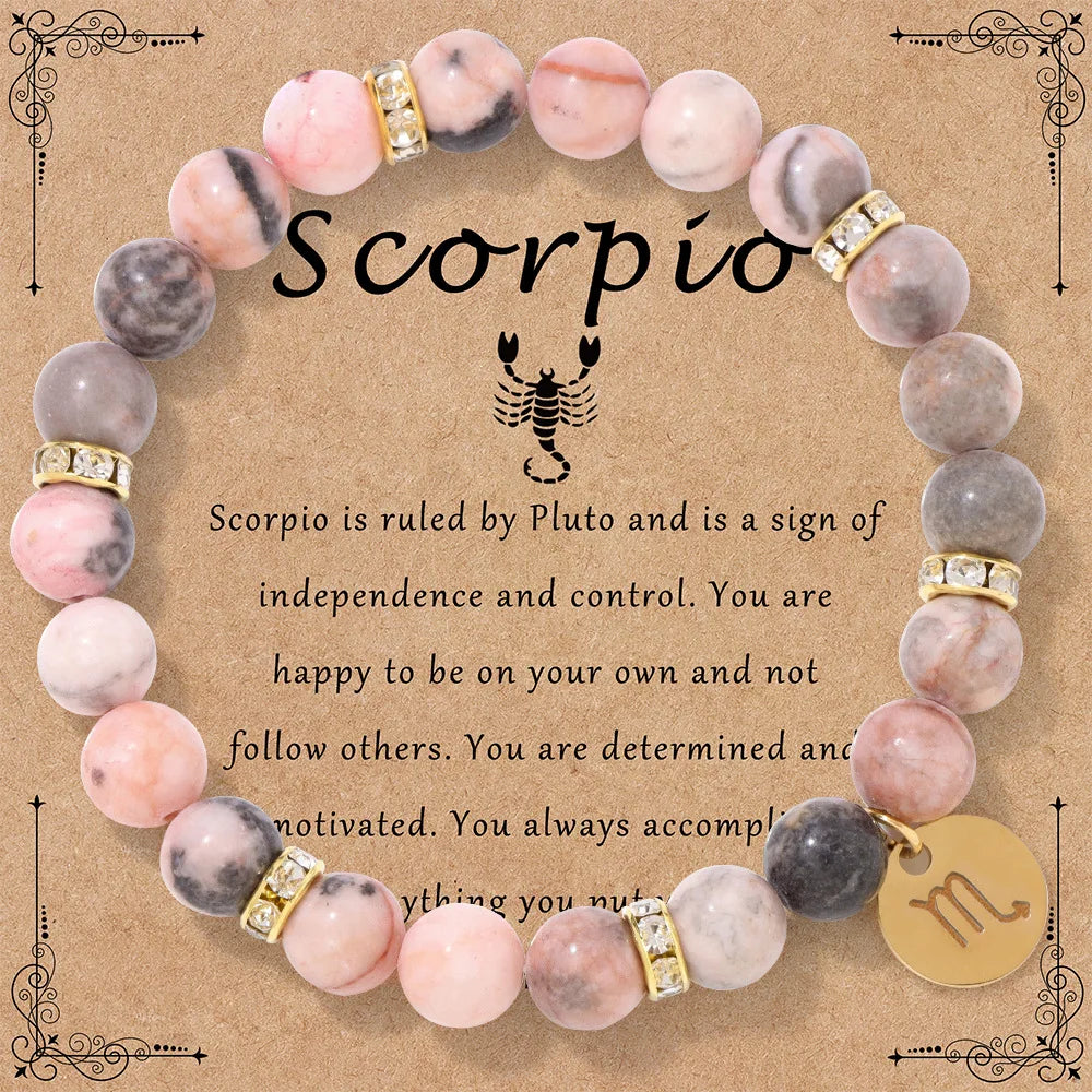 luckacco mhs.sun 12 star zodiac sign pink zebra stone beaded bracelets constellation fashion birthday party jewelry for women men