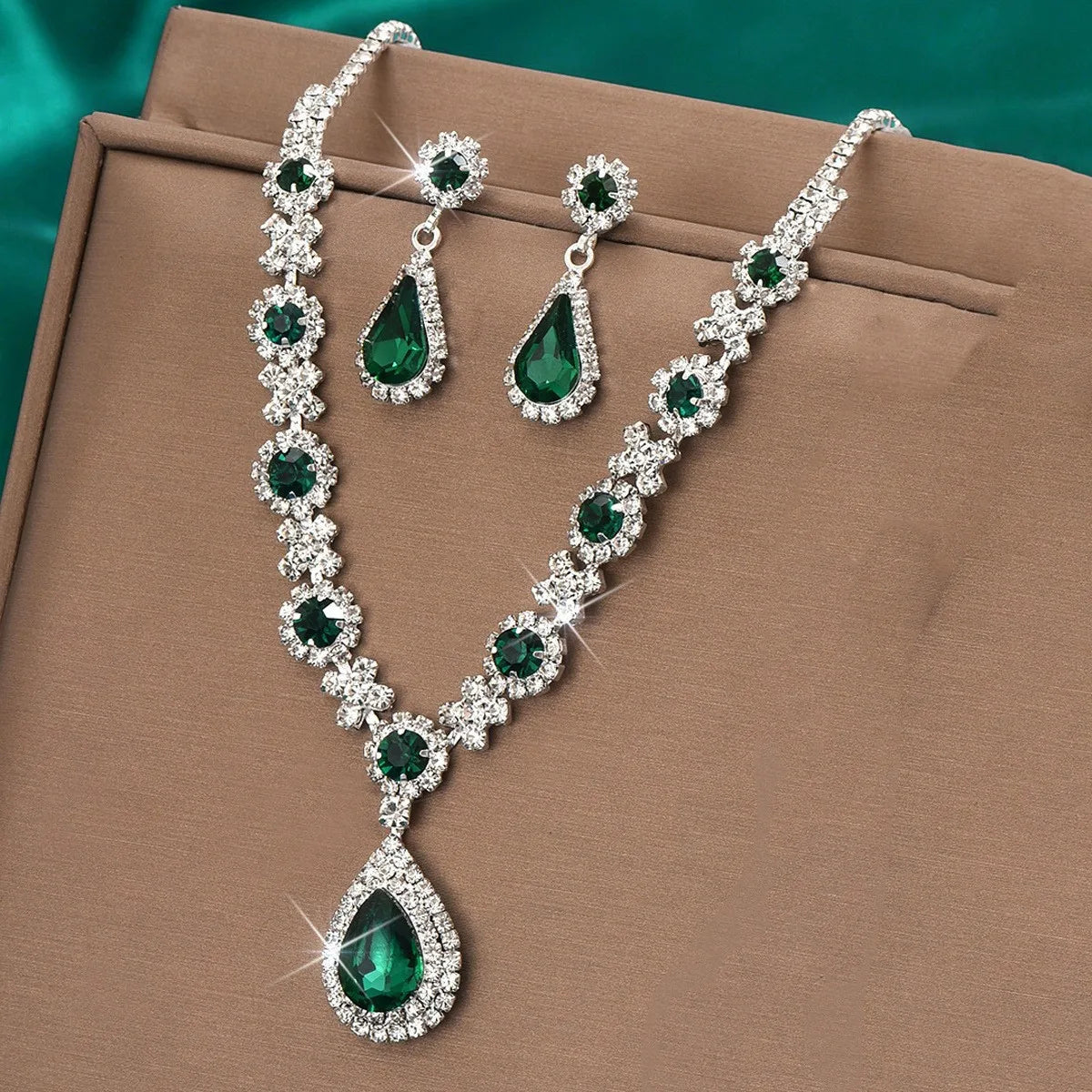 luckacco 3 pieces of women's crystal droplet necklace with earrings set for wedding evening dress accessories