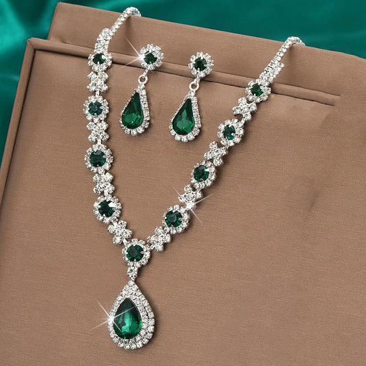 Luckacco 3 pieces of women's crystal droplet necklace with earrings set for wedding evening dress accessories