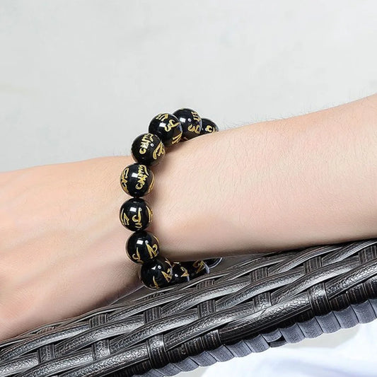 Luckacco Natural Obsidian Beads Six Character Mantra Bracelet Lucky Wealth Bangle Buddhist Accessories Meditation Blessing Amulet Jewelry
