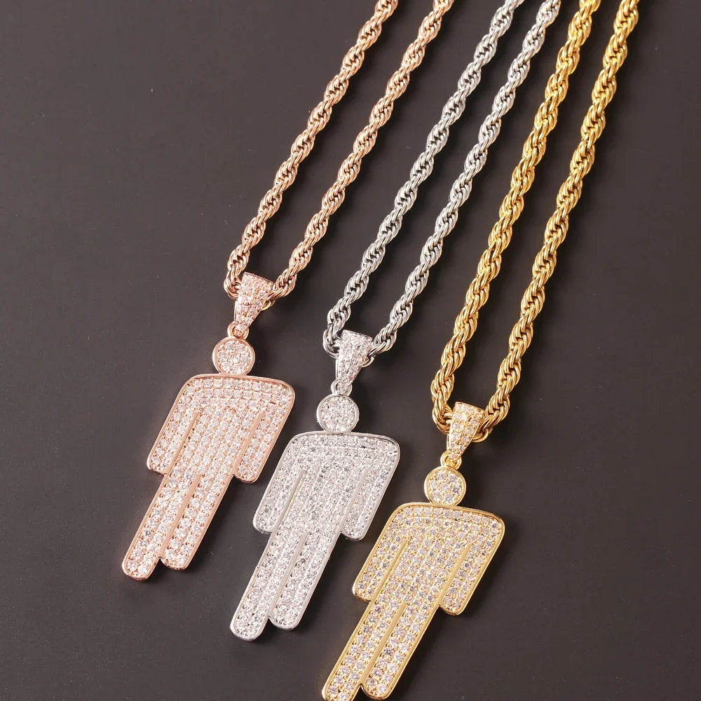 luckacco hip hop necklace,stainless steel round head zircon couple pendant necklace,skew head pendant full of zircon chaoren necklace