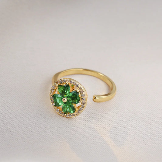 Luckacco Luxury Zircon Four-leaf Clover Rotating Ring Lucky Transfer Jewelry Gift for Children Tik Tok Same Style for Women for Friends