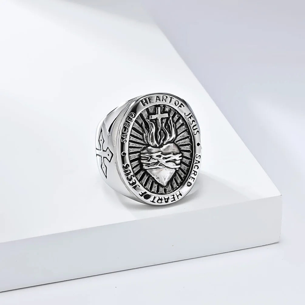 luckacco vintage exorcism saint benedict cspb cross ring men punk amulet christianity rings stainless steel jewelry gift