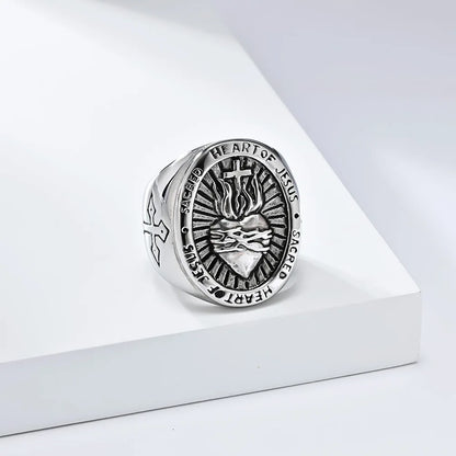 Luckacco Vintage Exorcism Saint Benedict Cspb Cross Ring Men Punk Amulet Christianity Rings Stainless Steel Jewelry Gift