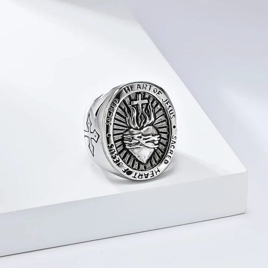 Luckacco Vintage Exorcism Saint Benedict Cspb Cross Ring Men Punk Amulet Christianity Rings Stainless Steel Jewelry Gift