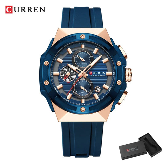 Luckacco CURREN Fashionable Sports Multifunctional Chronograph Quartz Watch with Silicone Strap Creative Design Dial Luminous Hands