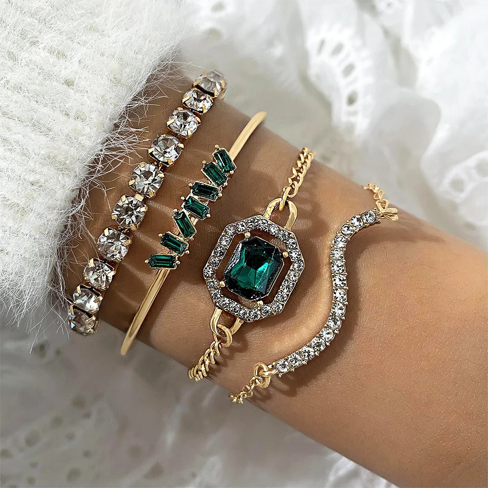 luckacco 4pcs/set fashionable snake imitation gemstone bangle rhinestone full metal bracelet set for women's jewelry birthday party gifts