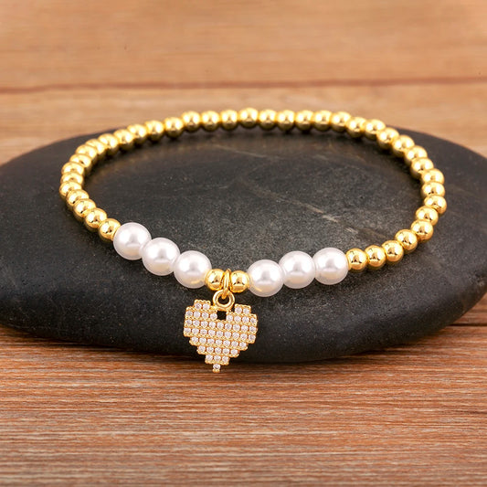 Luckacco Nidin New Arrival Romantic Heart Shape Shine Zircon Pearl Beads Bracelets For Female Fashion Versatile Jewelry Accessories Gifts