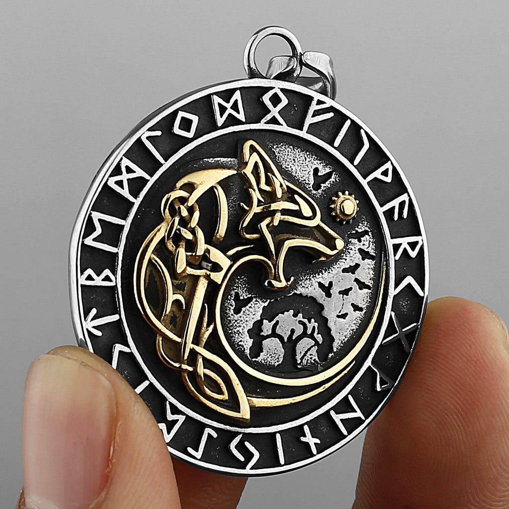 Men Stainless Steel Wolf Head Viking Necklace Pendant Pendant Necklace Fashion Nordic Odin Viking Rune Necklace Chain Jewelry - luckacco