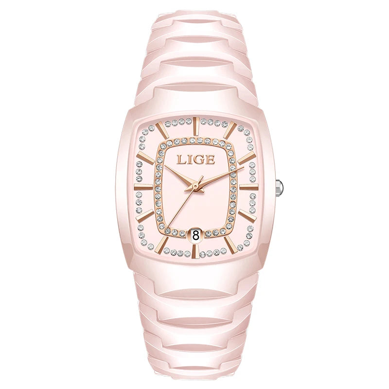 luckacco lige 2025 top elegant women's watch waterproof fashion ladies clock creative ceramic strap watch for women gift relogio feminino