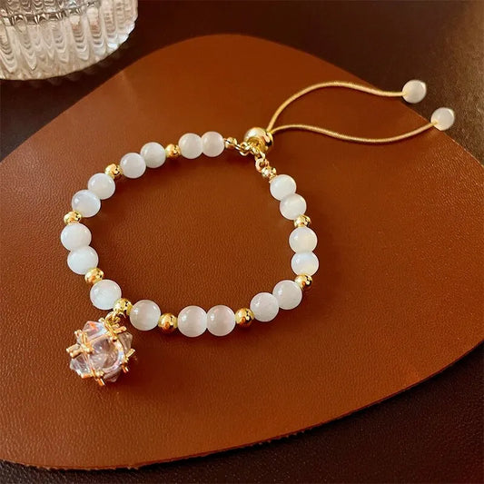 Luckacco Cat Eye Stone Bead Bracelet For Women Girls Rhinestone Crystal Pendant Bracelet Exquisite Adjustable Bracelet Wristband Jewelry