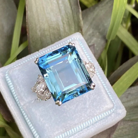 Luckacco Gorgeous Silver Color Inlaid with White Blue Stone Rings Square Fashion Party Engagement Wedding Rings for Women Jewelry