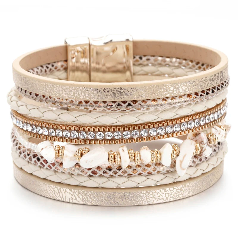 luckacco allyes natural stone leather bracelet for women charm retro multilayer crystal snake skin wide bracelets & bangles jewelry gifts