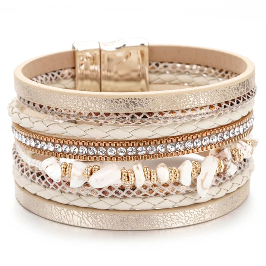 Luckacco ALLYES Natural Stone Leather Bracelet for Women Charm Retro Multilayer Crystal Snake Skin Wide Bracelets & Bangles Jewelry Gifts