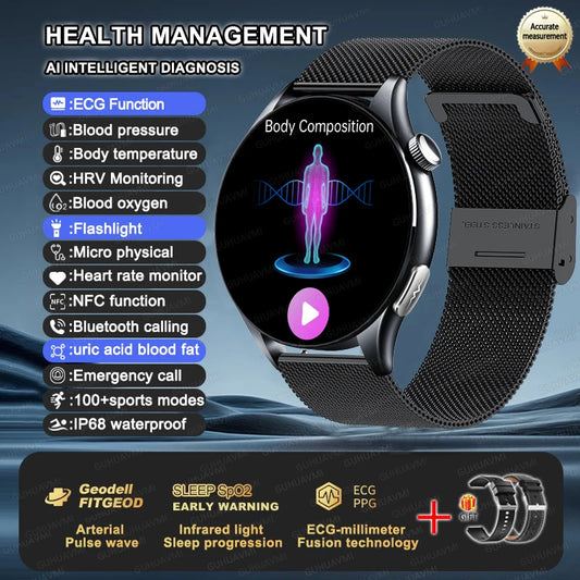 Luckacco 2025 New Health Analysis ECG+PPG Smart Watch Body Fat Uric Acid Blood Pressure Heart Rate Tracker NFC Smartwatch For Android IOS