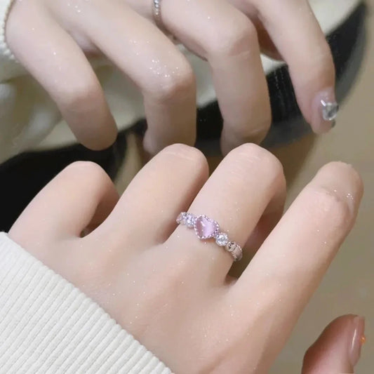 Luckacco Vintage Silver Color Ring Pink Heart Opal Creative Finger Ring Aesthetic Cute Punk Rings for Women Charm Jewelry Accessories
