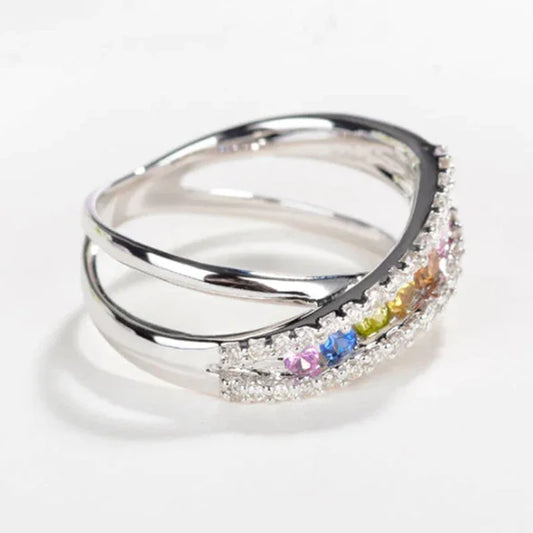 Luckacco Rainbow Cubic Zirconia Cross Rings for Women Newly Designed Wedding Engagement Accessories Silver Color Trendy Jewelry