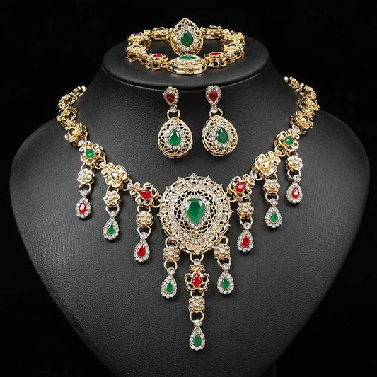 Luckacco Gorgeous Colorful Crystal Rhinestone Lucky Necklace Earring Set Wedding Party Costume Jewellery NewStyle Trendy design Girl Gift
