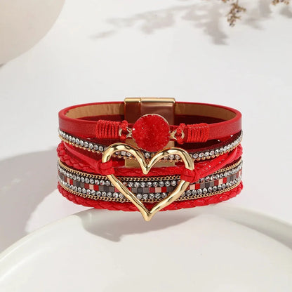 Luckacco New Metal Love Heart Charm Leather Bracelets for Women Fashion Bohemian Rhinestone Resin Wrap Bracelet Bangle Couple Jewelry