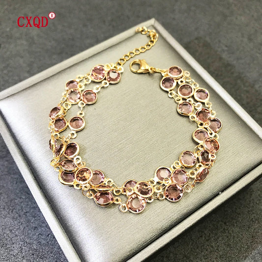 Luckacco Beautiful Fashion Multicolor Stainless Steel Lobster Clasp Glass Copper Combination Golden Bracelets For Women Girls Kids Gift