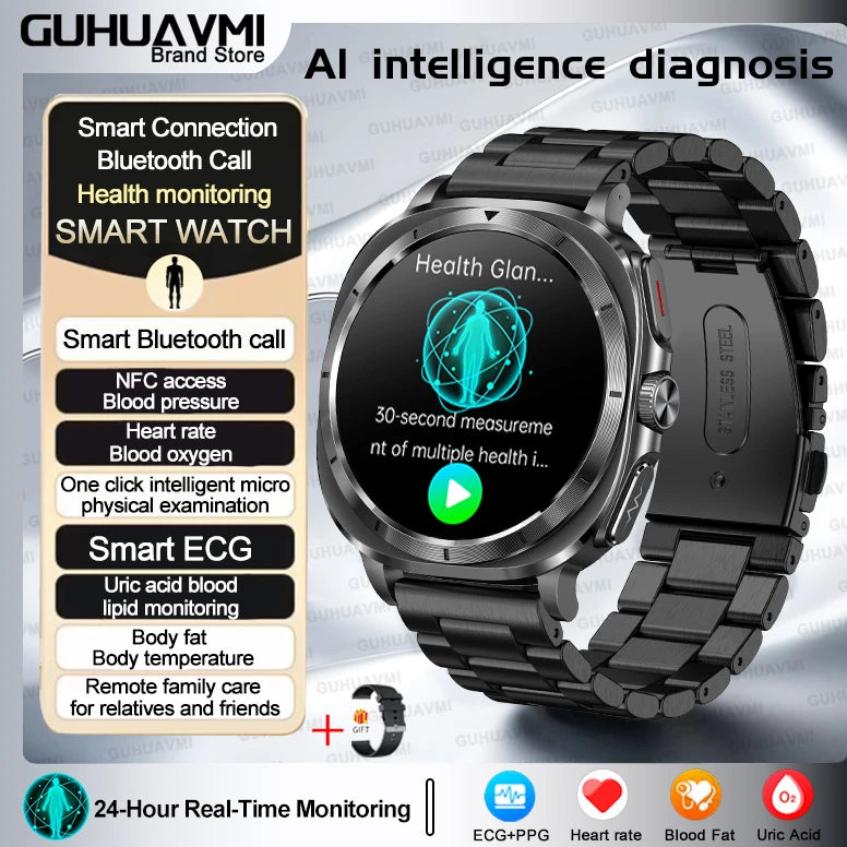 luckacco 2025 new high-end health care watch 7 ultra smart watch men ecg+ppg uric acid blood lipids body analysis bt call nfc smartwatchs