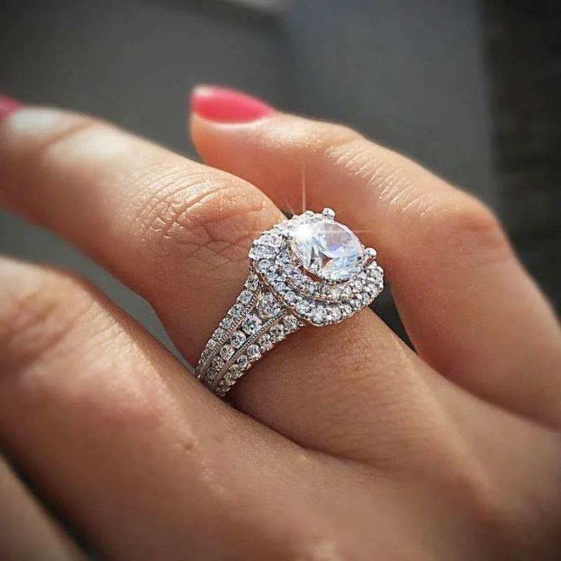 luckacco dazzling silver color inlaid with round white zircon rings luxury fashion party engagement wedding rings for women jewelry
