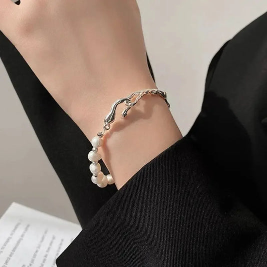 Luckacco 925 Sterling Silver Pearl Beads Bracelet for Women Girls Vintage Irregular Metal Charm Bangles Luxury Fashion Party Jewelry Gift