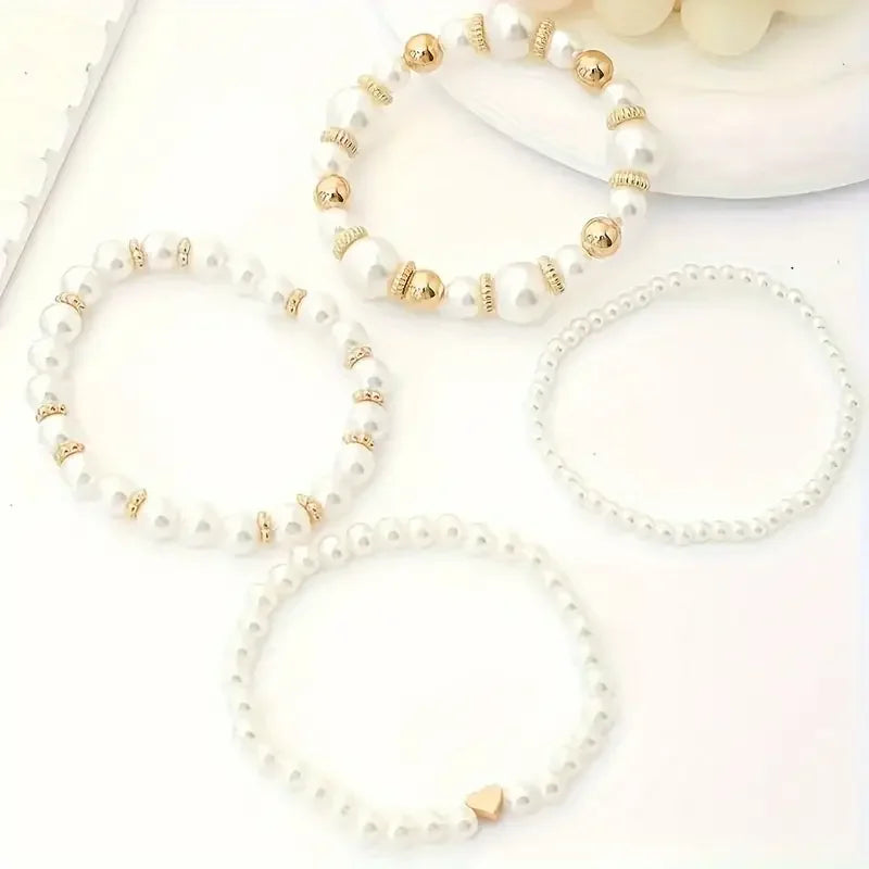 luckacco new 4 pcs/set imitation pearl beaded bracelets set for women fashion gold color heart big pearl bracelet trendy jewelry gifts