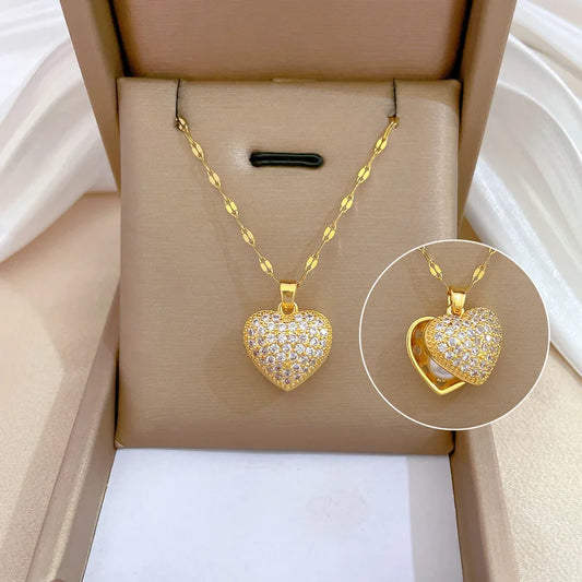 Luckacco picks French Shell Pearl Necklace For Women Gold Color Stainless Steel Zircon Love Heart Clavicle Chain Choker Wedding Jewelry