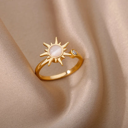 Luckacco Luxury Gemstone Flower Stainless Steel Rings Zircon Adjustable Ring Women Wedding Anti Fading Jewelry Vacation Accessories Gift