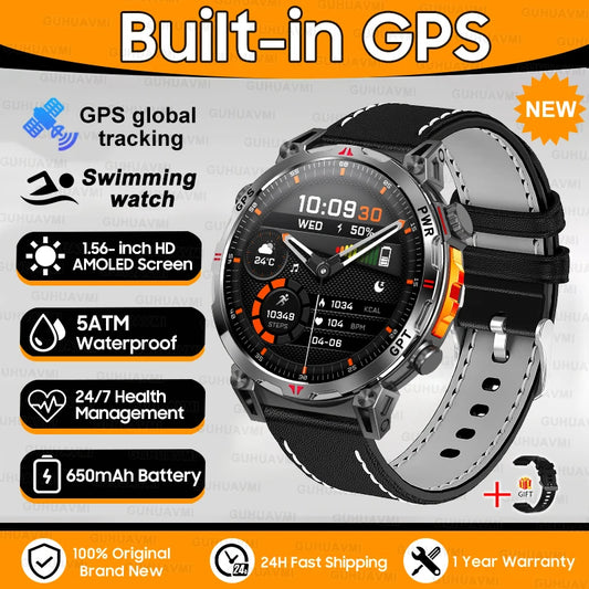 Luckacco 2025New Military GPS Sports SmartWatch Men 1.56" AMOLED Screen Compass Altimeter 5ATM Waterproof 560mAh Wireless Call Smartwatch
