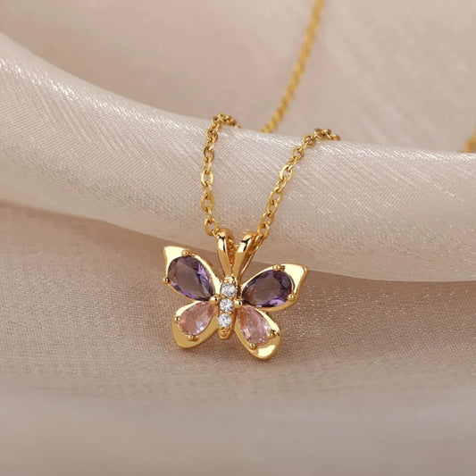 Luckacco Cute Butterfly Necklace For Women Stainless Steel Crystal Purple Zircon Aesthetic Necklaces Charms Collar Choker Party Jewelry