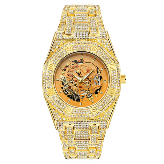 Luckacco Luxury Genuine Brand Watches For Men Hip Hop Diamond Fashion Alloy Band Date Vintage Skeleton Designer Quartz Watch Montre Homme