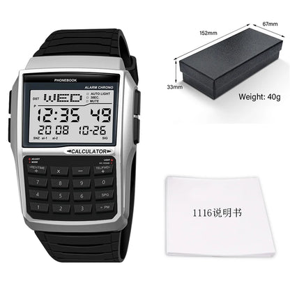Luckacco Top Luxury Men's Calculator Watch Multifunctional Led Watch Stainless Steel Watch Strap Men's Sports Watch Computer Style