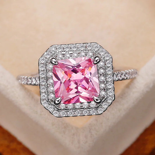 Luckacco Pink Cubic Zirconia Ring Suitable for Women's Engagement Wedding Luxury Accessories Sparkling Silver Fashion Jewelry